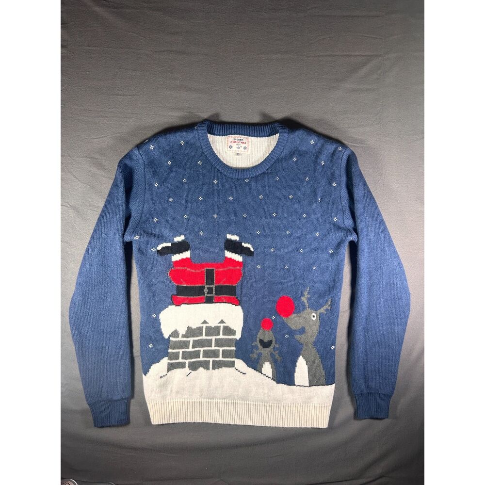 Ugly Christmas Sweater Blue V28 Santa Stuck Chimney Reindeer Knit M